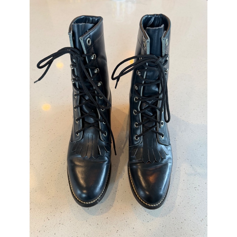 Diamond J Kiltie Boots Womens 5 B Navy Leather Lace Up Western 504 D-11